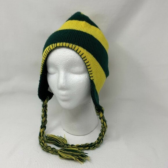 Green & Yellow Striped Beanie (w/tassels) - Picture 1 of 6